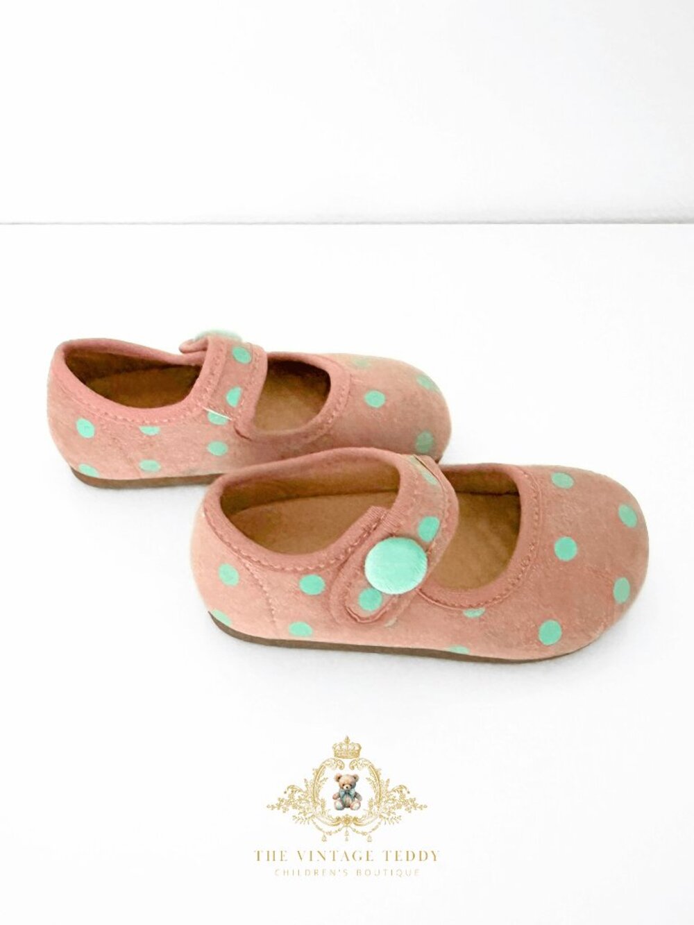 NWT Adorable Girls Flats Children's Shoes Kids Shoes Mauve & Aqua Polkadots 9 - Picture 2 of 4